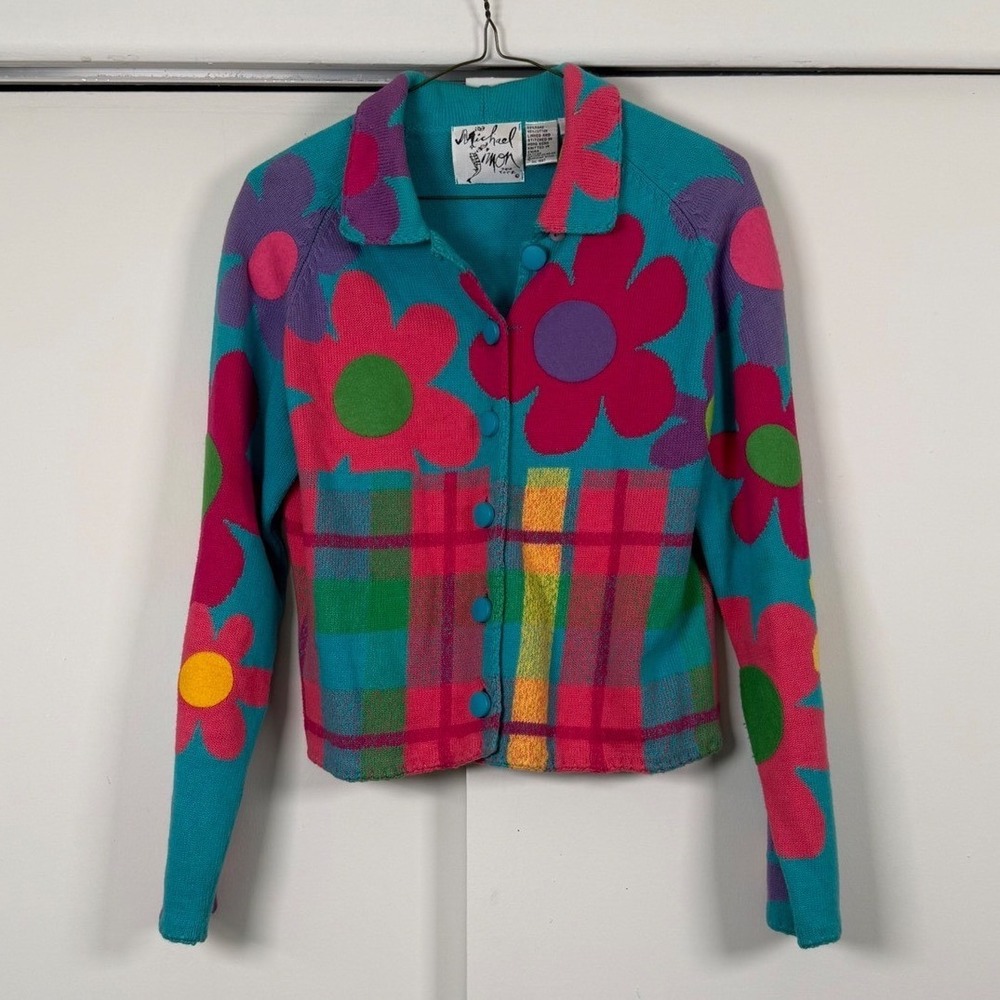 Vintage 1997 Michael Simon Floral Plaid Cardigan Artsy Indie Multicolor
